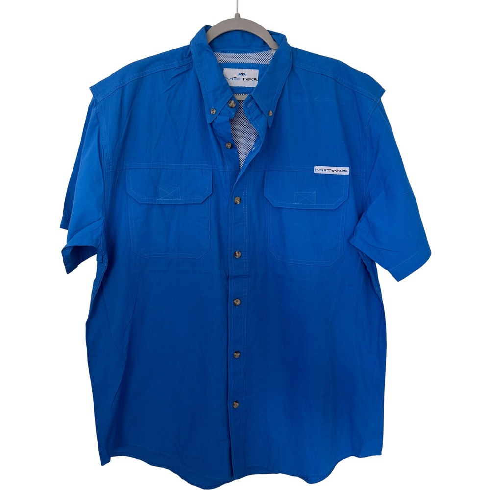 MillTex‎ Mens Blue Short Sleeve Fishing Shirt Vented Mesh Back Size Large 42-44